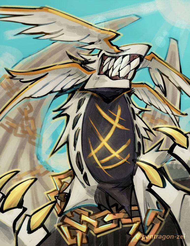 Headshot illustration of Haulle's monster(?) oc, Requiem. It has white fur, big teeth and four wings by its head. It has no eyes and it has gold chains around it and its wings. There are scratch marks at its throat.