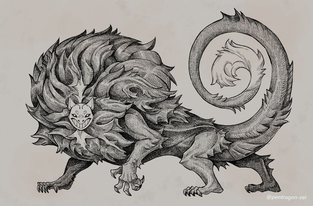 Inked illustration of shpedovski's round cat monster.