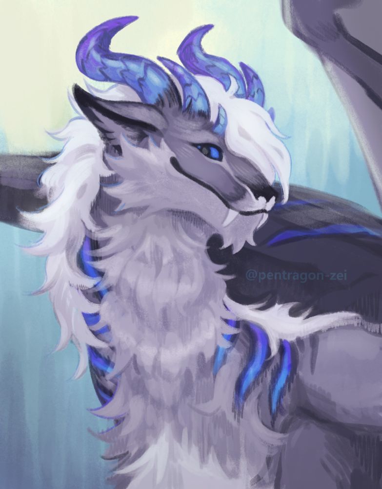 Bust shot of a fluffy, friendly dragon with dark grey fur and blue horns and stripes.