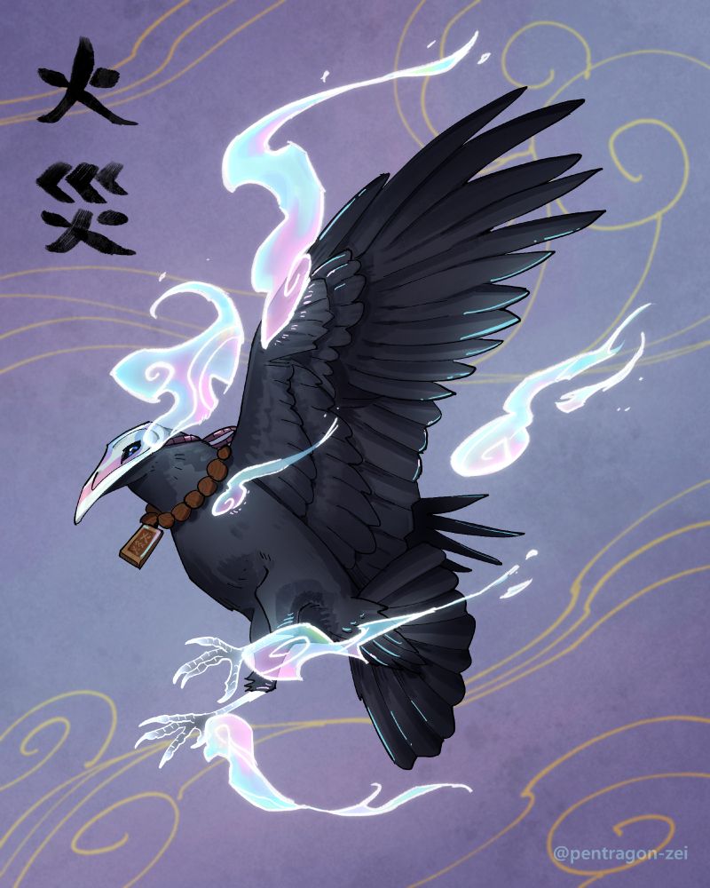 Crow spirit with a mask and wooden necklace. Has light bluish pink ghostly fire coming from its body.
