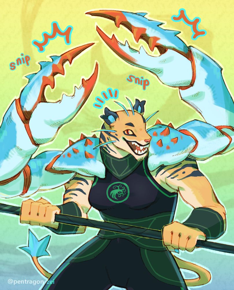 Simic hybrid (lion and crab) with blue and orange accents for her crab arms. She wears a dark form fitting outfit and is cheerfully holding a staff.