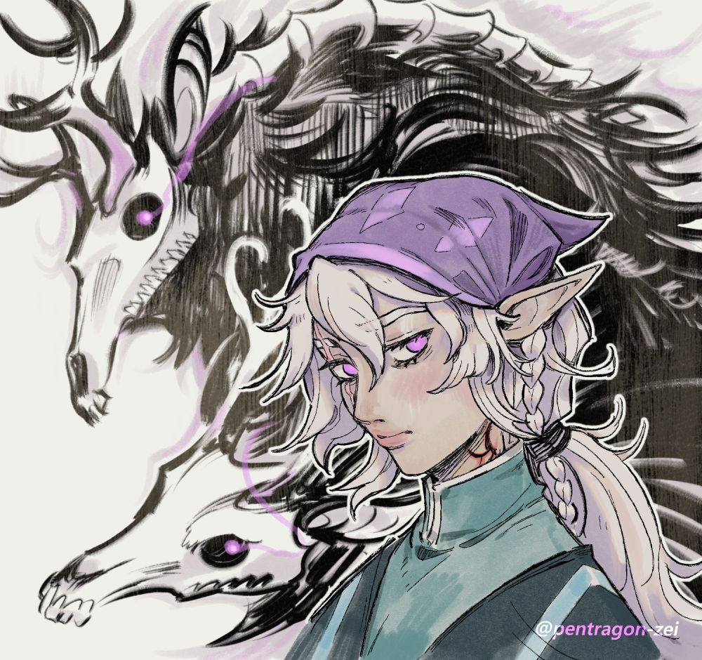Painting of krahler's DnD character, Calissa. She has pink-purple eyes, white hair and a red blight mark creeping up her neck. She wears a purple bandana and is accompanied by two ghostly white reindeers.