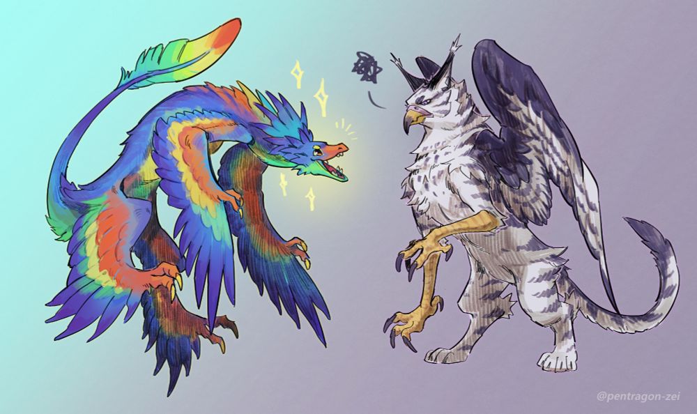 Full body illustration of two characters: a rainbow microraptor (left) and a gryphon (right). The microraptor is based off a nicobar pigeon and is looking cheerful. While the gryphon is based off a gyrfalcon and maine coon and is looking quite displeased.