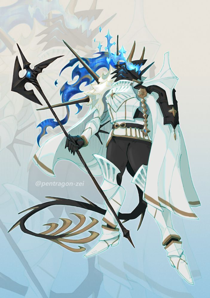 Full body illustration of Nieve in her dragon form. She is mostly clad in white armour with some gold accents. She has long starry blue hair and a black halberd with a blue gem inset.