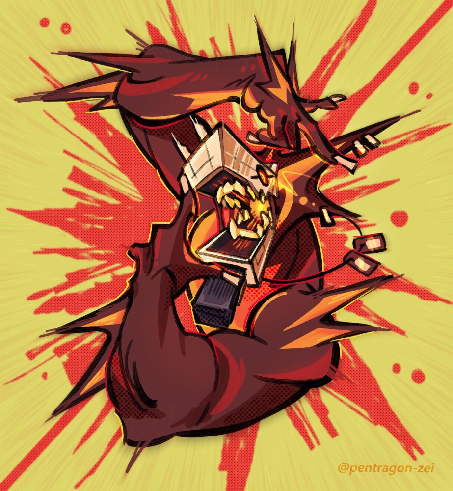Stylized bust shot of qugre's cool gun monster. It has arms that are angled around its open mouth that looks like it is charging a shot.
