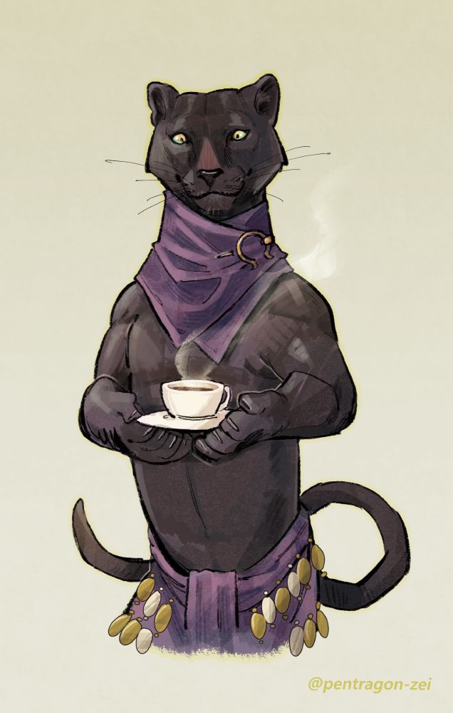 Half body illustration of absurd's black jaguar OC, Valencia. She wears purple shawl with a cloak pin and hip sash adorned with coins. She is seen serving a nice cup of coffee. :]