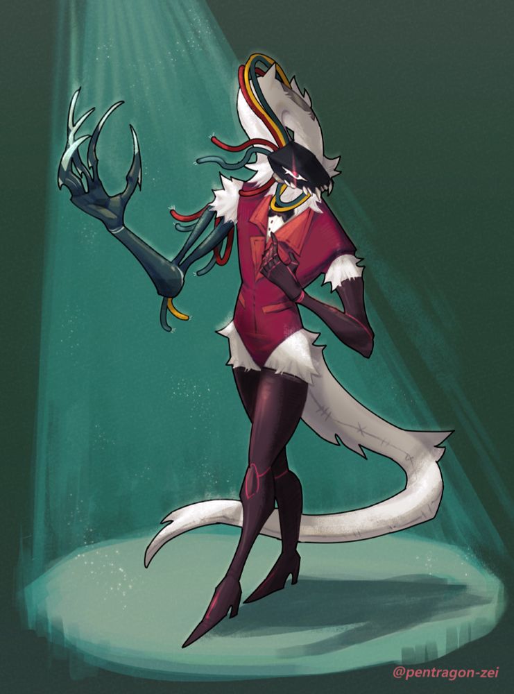 An illustration of Dandy, a once famous night show host, in a spotlight. He is a monster with mechanical limbs and stray wires coming out at different places. He wears a dark maroon showman vest-bodysuit (?).