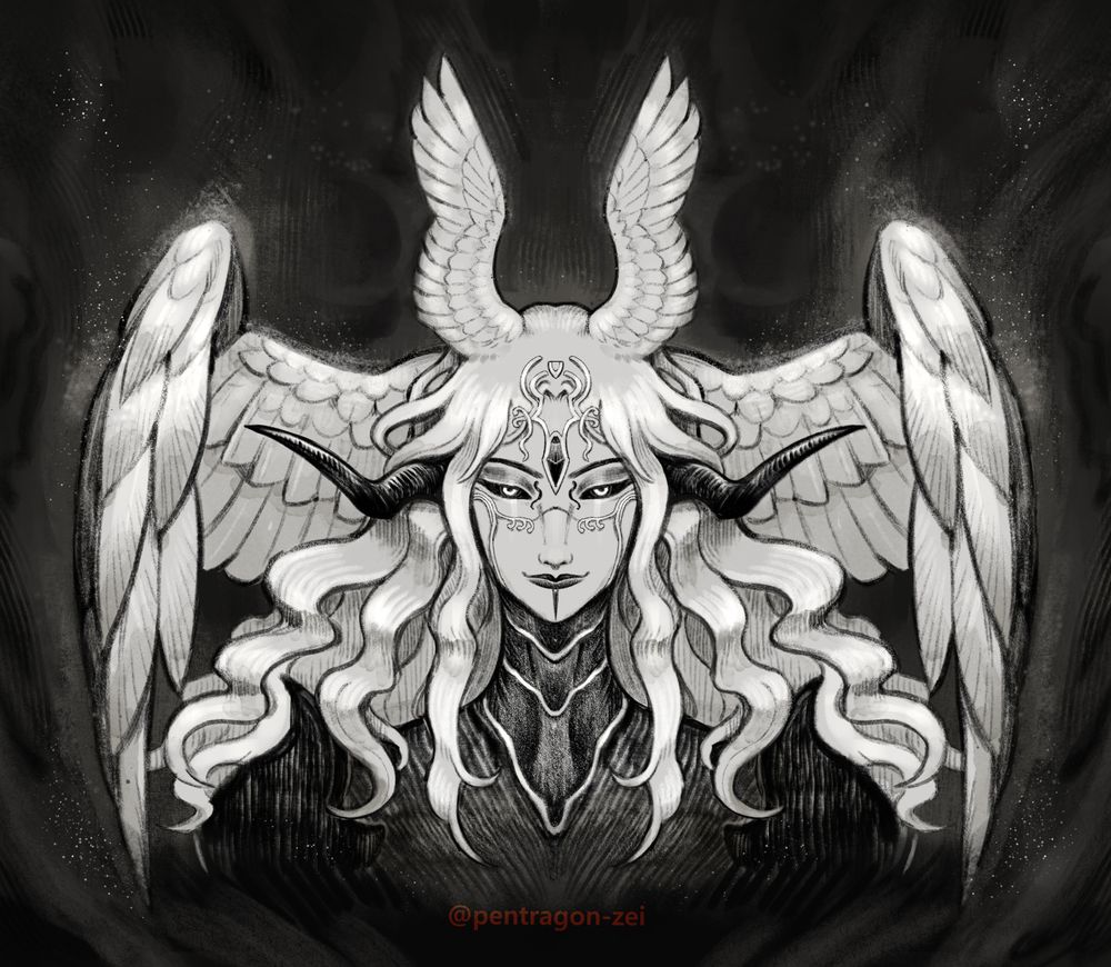 A monochrome headshot of the great mechanical angel, Empyreal. It has two pair of wings, a smaller pair above its head and larger ones on the sides. It also has dark horns coming off the side of its head.