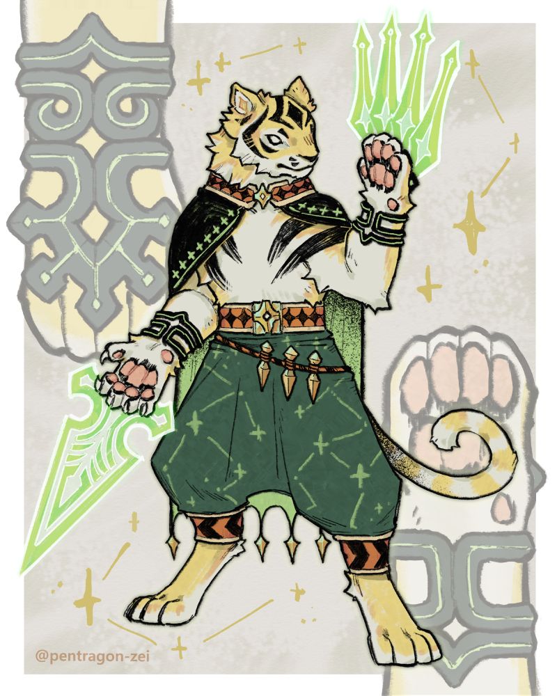 A tiger on her hind legs wearing a cape and green pants that has many starry patterns all over it. On her wrists are funky magical bracers that lets her cast green glowing weapons.