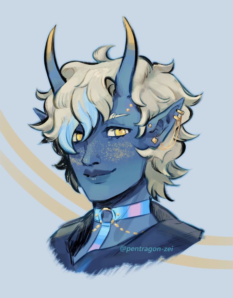 Headshot illustration of jay_bee's tiefling oc, Taeva. They have light short hair, blue skin and yellow eyes. They also have several piercings and glittery yellow freckles.