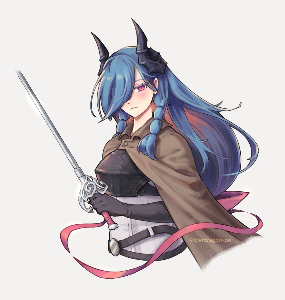 Attack on tofuuu's pretty fencer(?) OC, Cynthia~ A half body illustration of a blue haired demon girl holding a rapier with a long ribbon. This one was suuuper eggciting since it's quite the successful attempt for me to try draw anime gals, ah ha