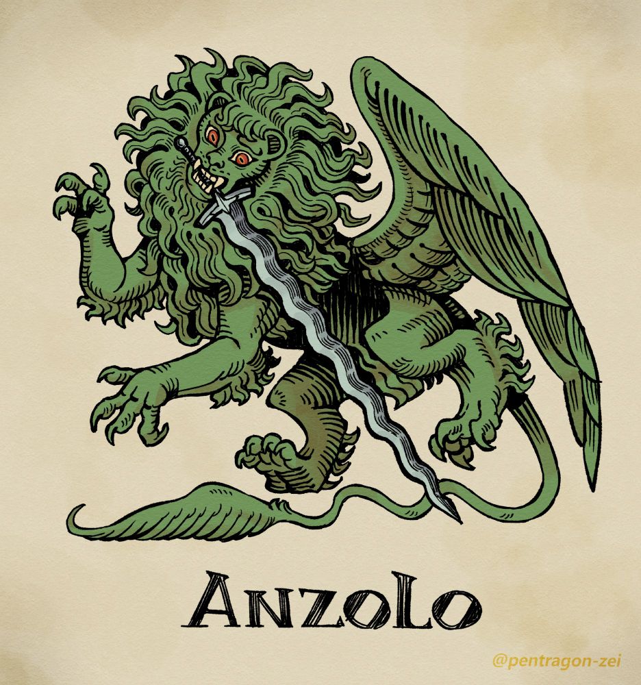 Full body illustration of Gryffoon's green lion OC, Anzolo. He is posed in a sorta heraldry lion pose and is wielding a flamberge in his mouth.