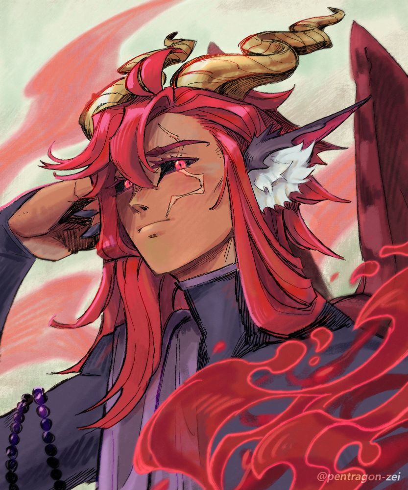 Portrait of a dragon character in his humanoid form. He has red hair, two wiggly horns and long fluffy ears. Blood-like swirls surround him.