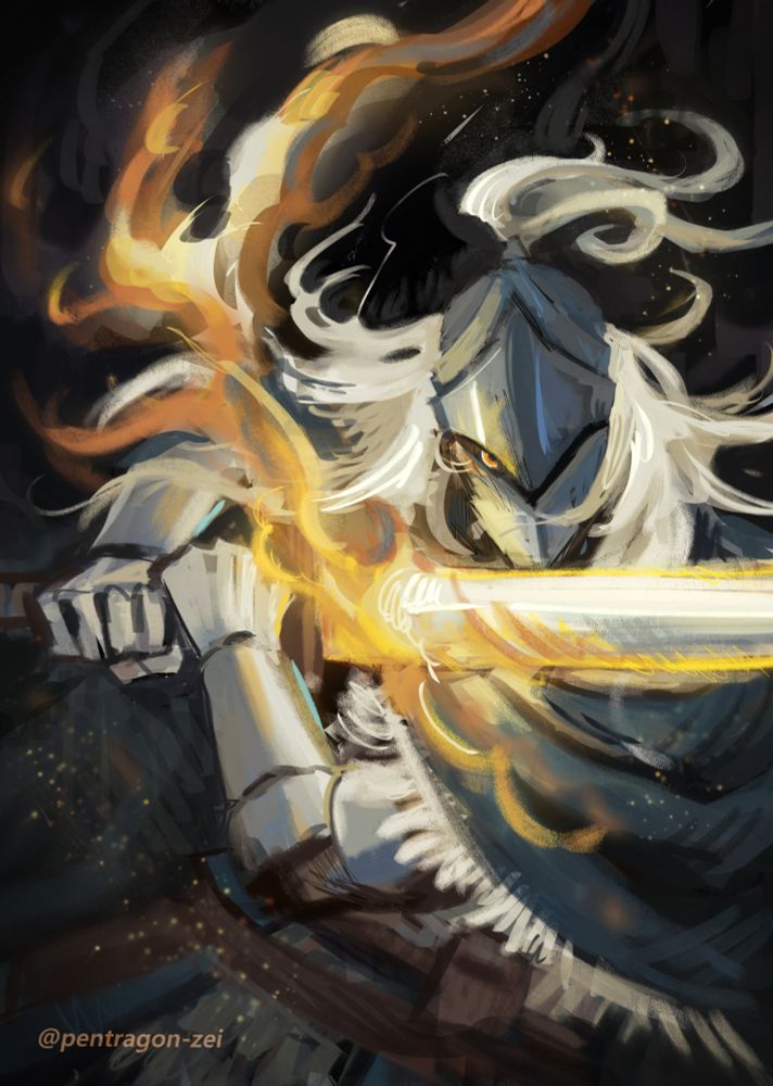 Half body illustration of a knight holding a flaming sword. The sword is held horizontally.