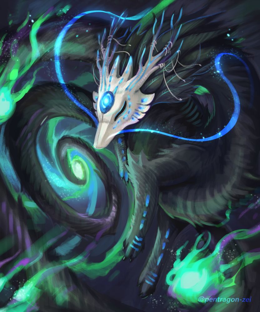 Illustration of a long spirit dragon in a spiral pose. It has a white mask face with blue markings and antlers. Several green-purple flame surrounds it.