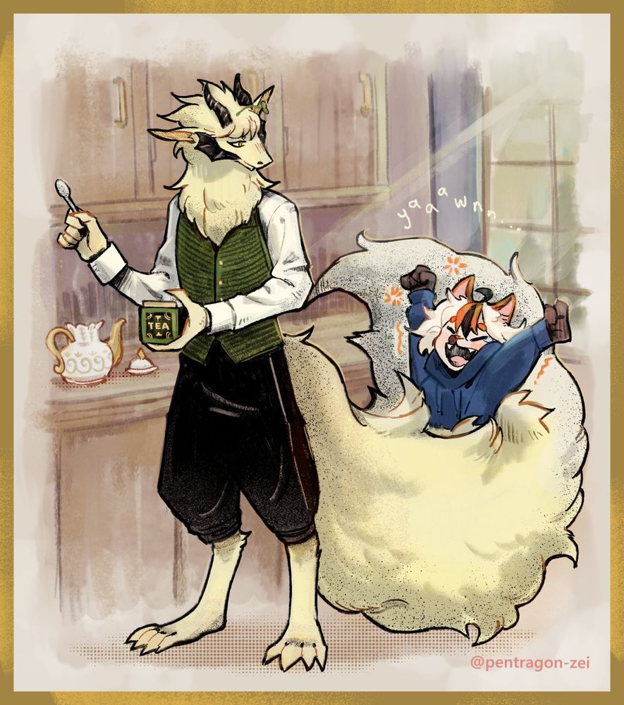 Cozy afternoon scene of a tall pale yellow dragon (Kreme) and a young maneki neko spirit (Juusan) who has just awoken from her afternoon nap in Kreme's fluffy tail. Kreme is in the middle of making tea here.