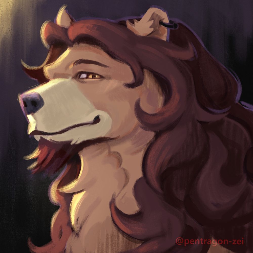 Headshot of Rynharok's bearsona. A brown bear with shoulder length curly hair and a goatee beard