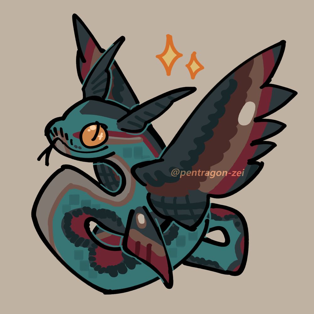 Cute sticker of sor's feathered snake OC, Koike. She has wings by her head and two seen pairs on her body. She has teal, dark grey, brown and red coloration.