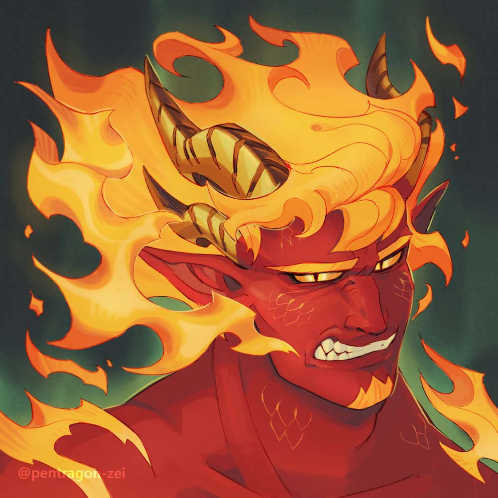 Headshot of Logi, an ifrit tiefling. He has four horns, fiery hair and is making an angy face >:0