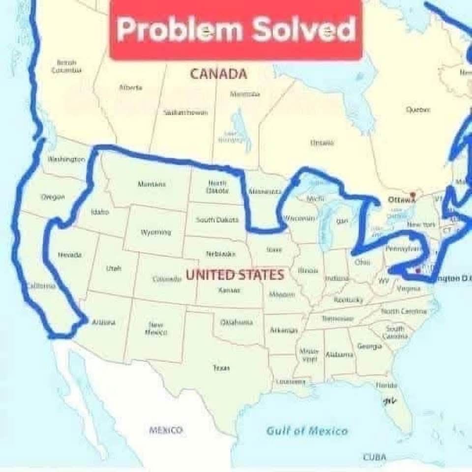 Map of the US and New Canada which encompasses all the bordering blue states. 