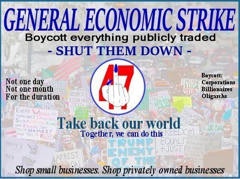 General Economic Strike

Boycott Everything Publicly Traded
Shut Them Down

Not for one day
Not for one Month
For The Duration

Boycott:
Corporations
Billionaires
Oligarchs

Take Back our World
Together, we can do this

Shop small businesses. Shop privately owned businesses