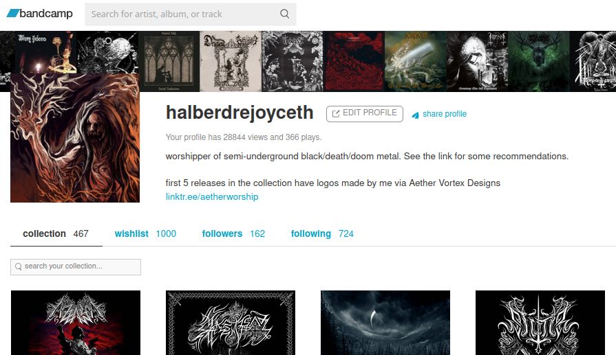 top of my bandcamp profile at https://bandcamp.com/halberdrejoyceth rendered on desktop showing the usually hidden wishlist count of 1000