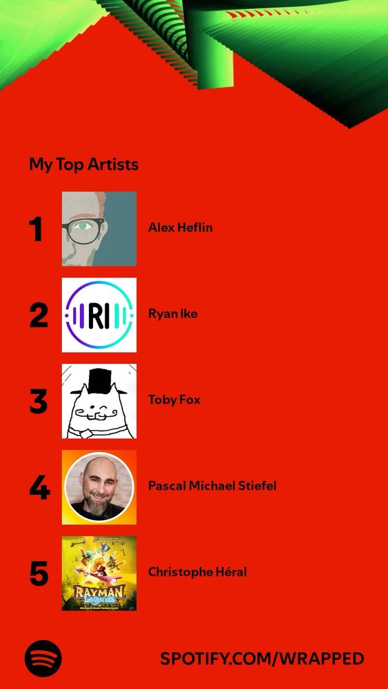 Spotify Wrapped top 5 artists
1: Alex Heflin
2: Ryan Ike
3: Toby Fox
4: Pascal Michael Stiefel
5: Christophe Héral