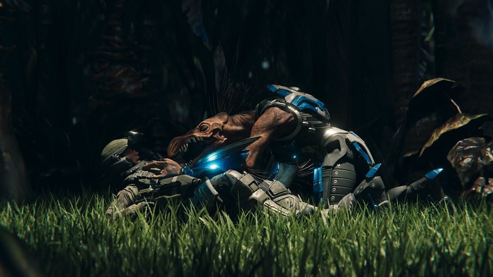 A UNSC Army soldier being bitten by a Jackal in the jungle