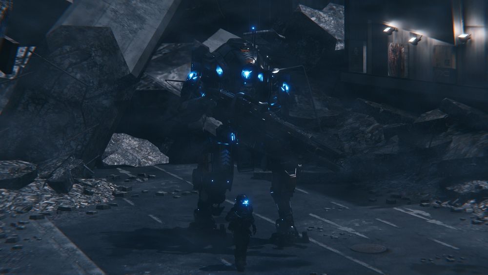 A Militia pilot walking in front of his Tone titan through a war-torn city