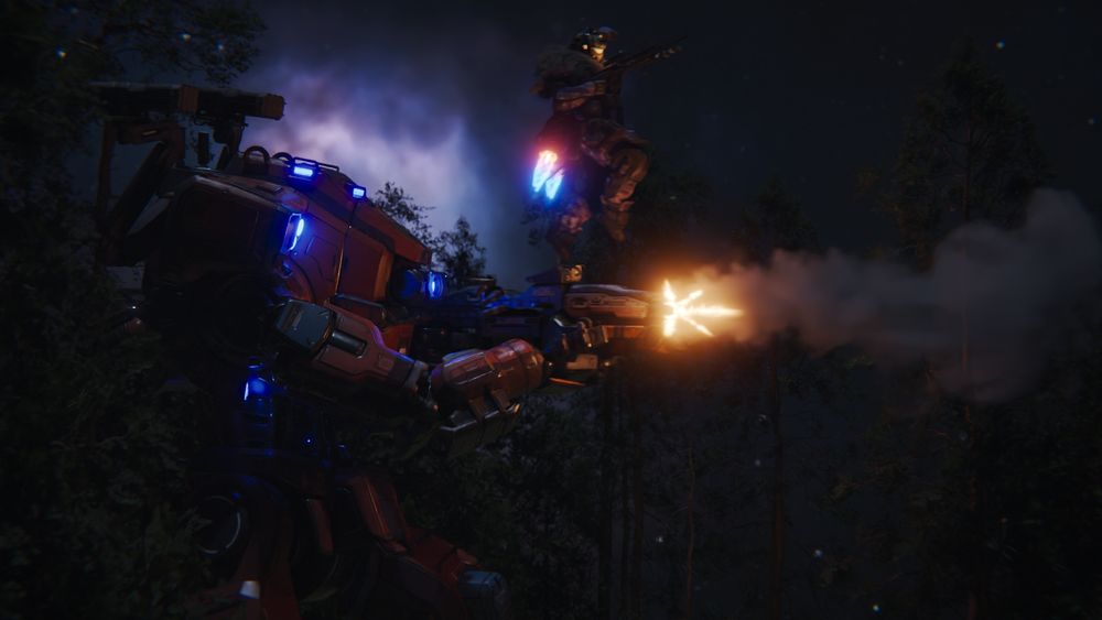 A Monarch titan firing its XO-16 chaingun in a dark forest with his Pilot jumping next to him