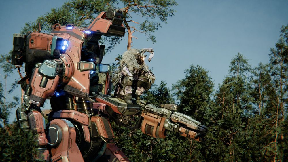 A Monarch Titan and his Pilot standing in a forest. She's crouched down, supporting herself on the Titan's lower door and weapon.