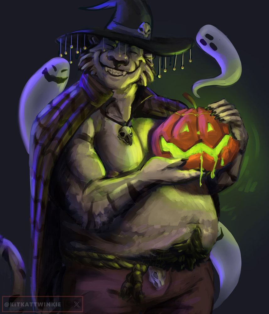 comm, Frost, white tiger, chubby, halloween, witch, ghosts, pumpkin, jack-o-lantern, sfw, Kitkattwinkie