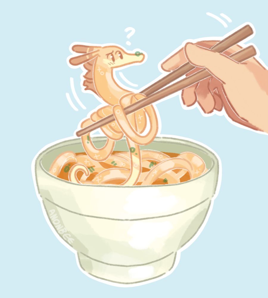 A drawing of a dragon like noodle in a ramen type soup dish. They are being picked up with a pair of chopsticks (Used a family member as the hand model, so if the chopsticks are horribly positioned, blame them, not me 😂)