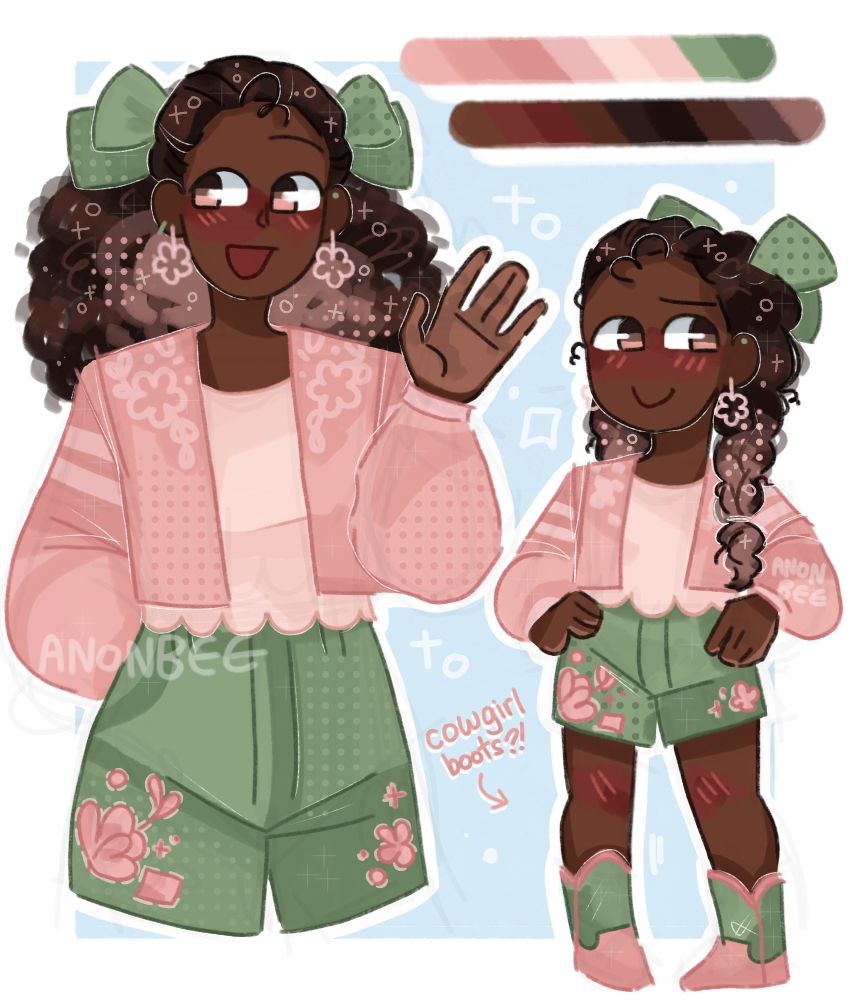 Iris's current design 
😅 She is wearing a pink cardigan with flowery embroidery and a light pink cropped top underneath. She's also wearing high waisted green shorts with flowery embroidery. In her hair is green hair ties. There is also a chibi full body that shows cowgirl boots I KNOW I KNOW but idk it's kinda cute ? 😏 Idk we'll see 😆