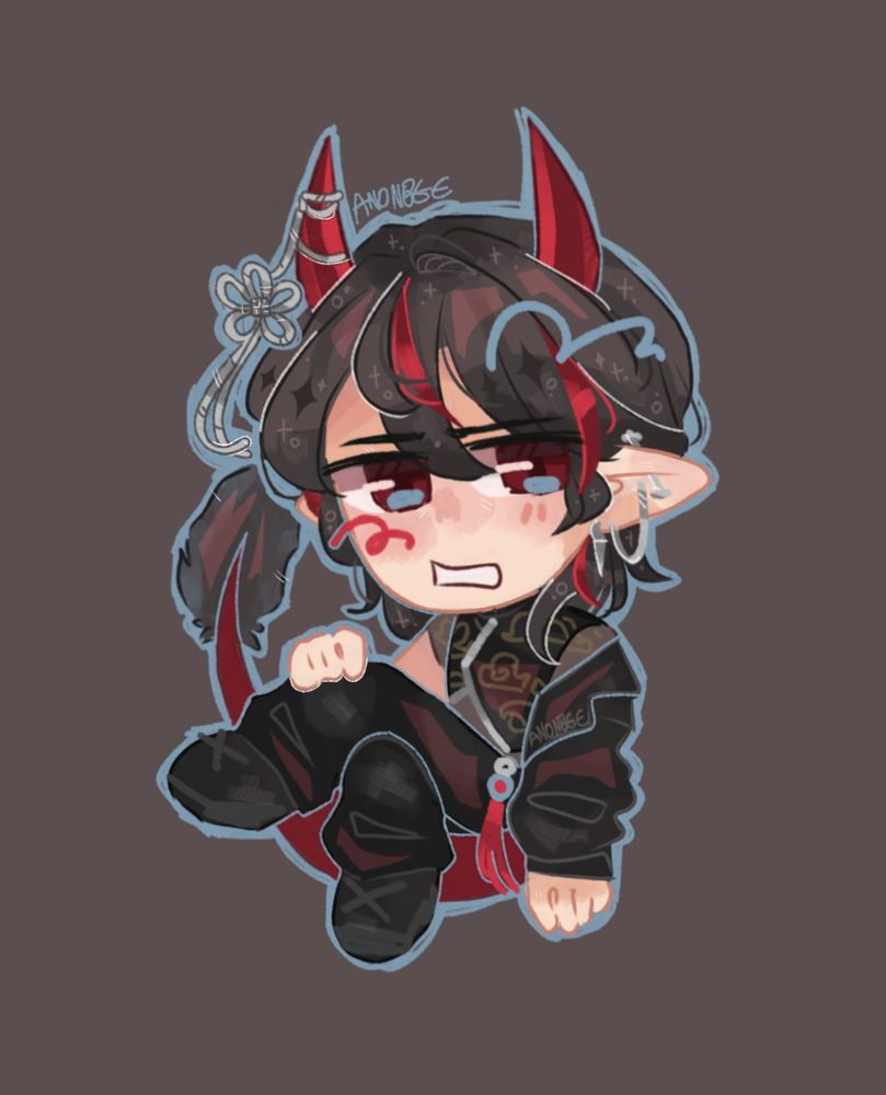 A chibi of Kaffie's oc, jyachi! They have dark hair and red horns/tail. They look very out of it and are crossing their legs. Very red and grey/black heavy design, with bits of blue (I took artist liberties in that way 😅🙏)