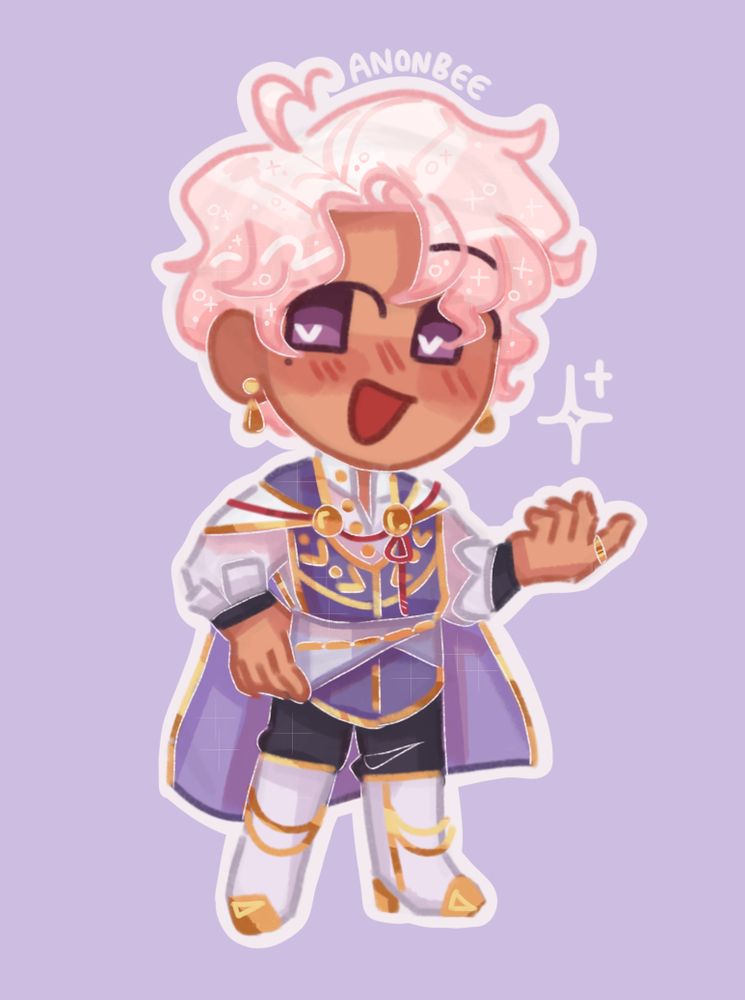 A chibi style drawing of Eiland from Fields of Mistria. He has light pink hair and is wearing gilded clothing.