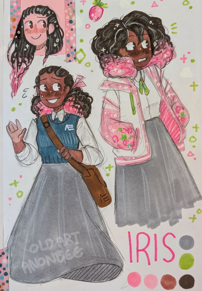 A photo of a traditional drawing of Iris, one of the first times I tried to nail down her design. Her hair is much brighter, hot pink and she is wearing a strawberry sweatshirt. 
