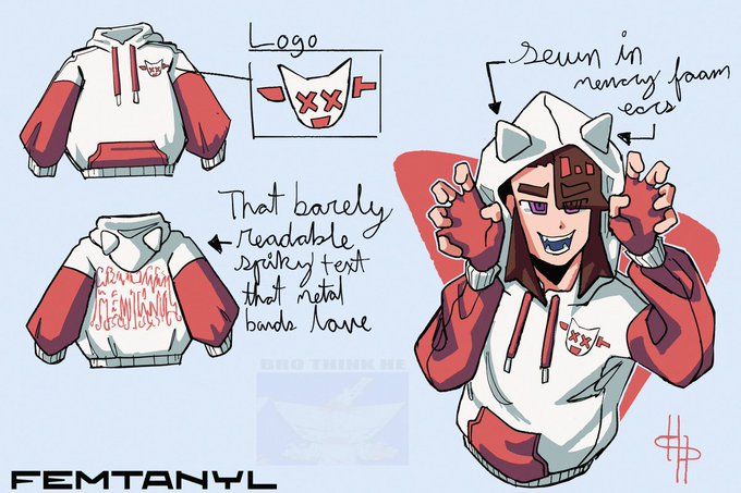 Concept for a red and white hoodie with sewn in ears. There is Femtanyl branding on the front and back