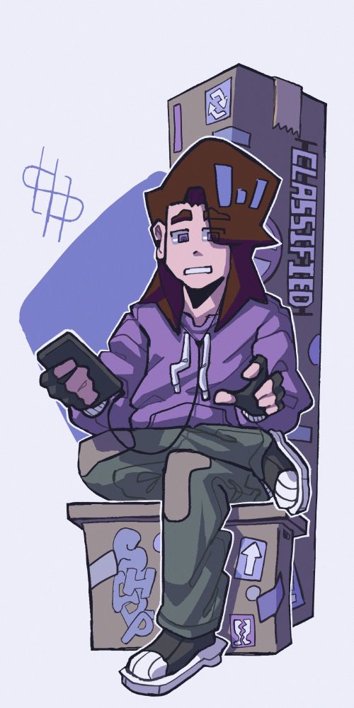 My sona sitting on a box made for disposing of sharp objects, there is a blue tint to the art piece