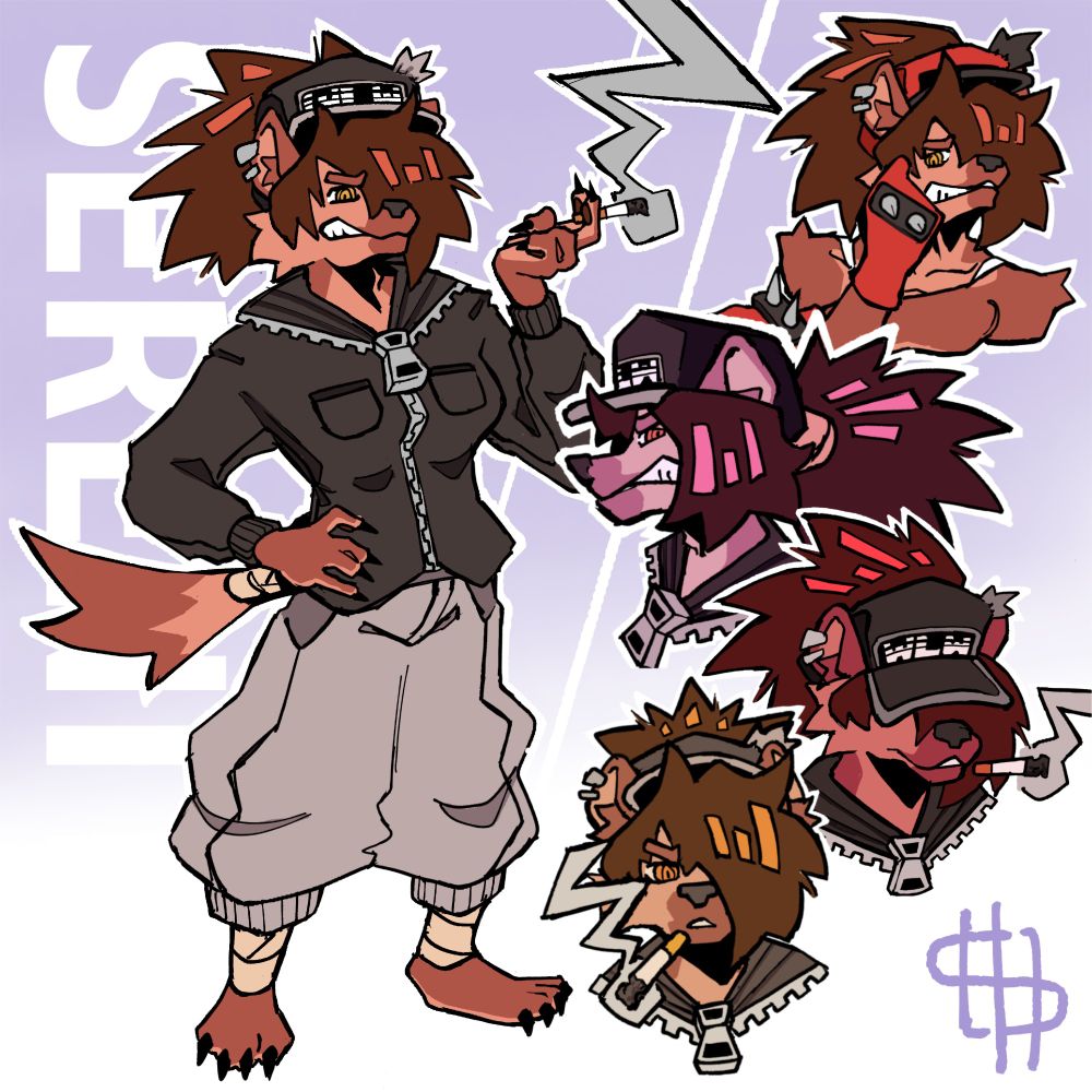 Several drawings of an anthropomorphic transfem hyena character on a bright background 

There is a full-body drawing on the left and 4 head shots on the right