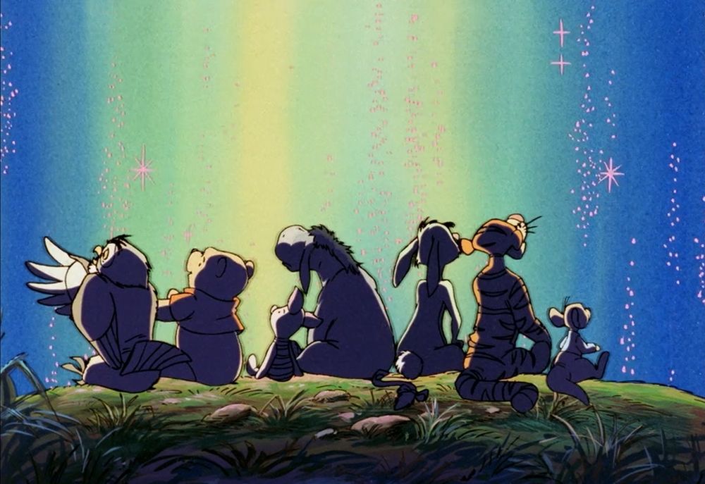 a picture of owl, pooh, piglet, eeyore, rabbit, tigger, and roo looking at the stars in the beautiful sky
