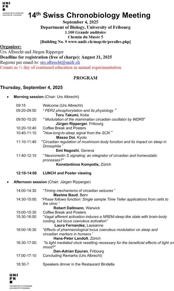 Programme of 14th Swiss Chronobiology Meeting, Fribourg, 4 September 2025