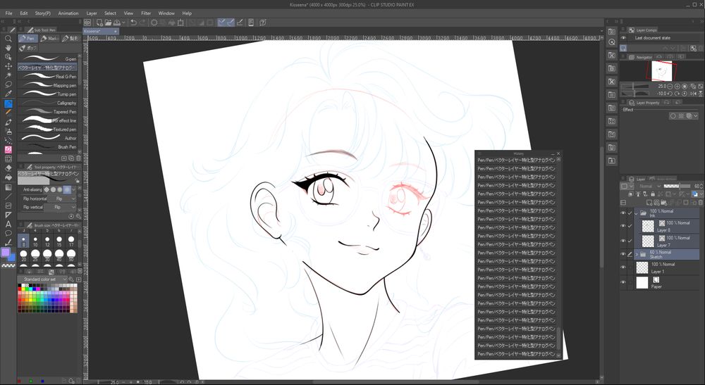 WIP of a headshot of a girl with shoulder length hair, glasses, and a stripped shirt. 