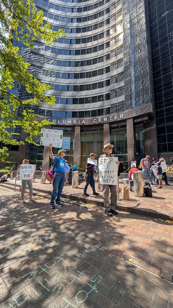 Action outside Valor Equity Partners' Columbia Tower office in Seattle. Community and labor allies protesting Antonio Gracias and Valor's role in DOGE, deportations and the surveillance state

Signs reading

Stop ICE: dump valor equity 

Valor is watching you
