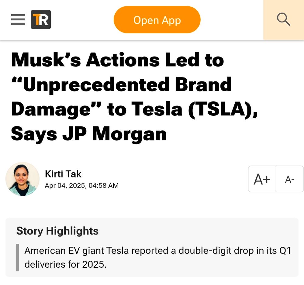 Screenshot of headline from April 4, 2025 reading

Musk's actions led to "unprecedented brand damage" to Tesla (TSLA), says JP Morgan