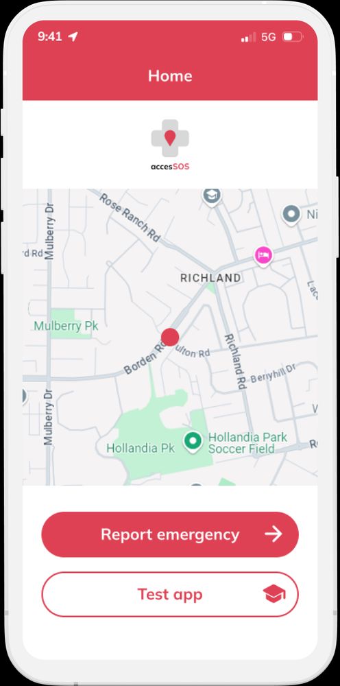 Home screen of the accesSOS app showing a map with a red location pin centered near Borden Road in Richland. At the bottom are two buttons: a red “Report emergency” button and a white “Test app” button.