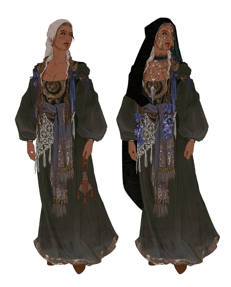 illustration of an aged woman with light brown skin and greying brown hair. She is wearing a grey dress with an embroidered corset and a scarf with tassels wrapped around her waist. She has a crochet garment hanging from her waist and a dark cloak in the second iteration. Her jewelry is golden and takes the form of numerous triangles. 