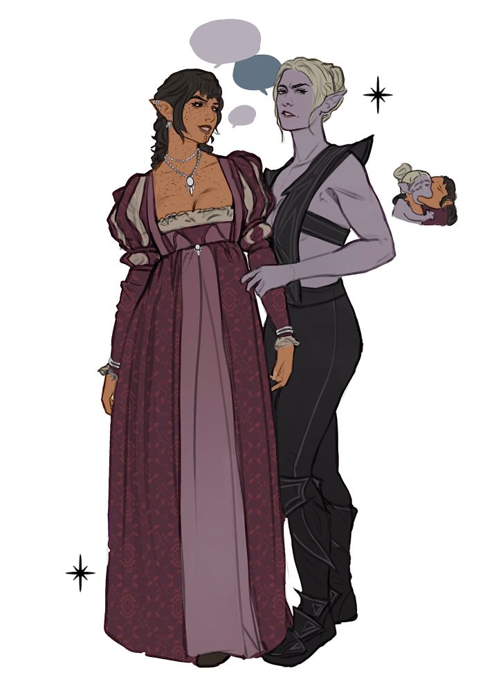 Haidar and Minthara from baldur’s gate three next to each other against a white background. There is a small cartoon drawing of them kissing beside it 