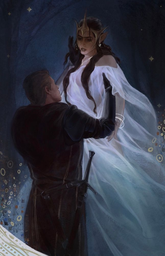 Illustration of Cullen Rutherford from Dragon Age and original character Asma Lavellan. Cullen is wearing a large fur mantle and gold lined details over his tunic with a sword fastened to his side. His silver gauntlets are shining from the glow of Asma’s dress. 

Asma looms above him reaching down to him as he is reaching up to her. She has a melancholic expression on her face as she looks at him like she is saying goodbye. She wears a gold crown similar to that of Mythal and has bright white beads in her hair and on her chest as a necklace. The dress she is wearing is a ghostly glowing transparent and allows to viewer to see the silhouette of her body. 

The background is a dark blue with glinting stars and overarching trees. Around them are mosaic elements similar to that of Gustav Klimt. 

