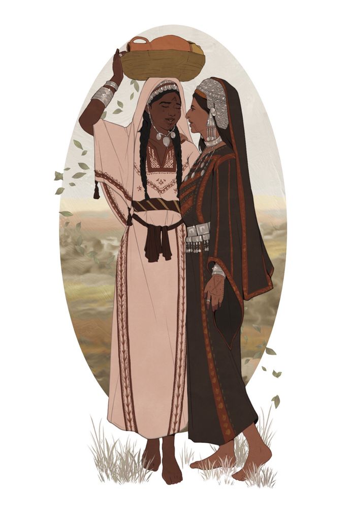 Two Palestinian women against a oval shaped painted background. They are both wearing traditional thobes embroidered with tatreez accompanied by silver jewelry pieces. The woman on the left is holding a basket with jugs above her head, and the woman on the right is approaching her with a smile. Both have traditional dag tattoos marking their faces and hands. 